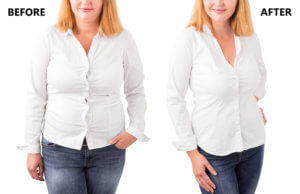 Photo comparison blonde woman in white blouse blue jeans on the left versus same blonde hair white blouse blue jeans women on the right after weight loss